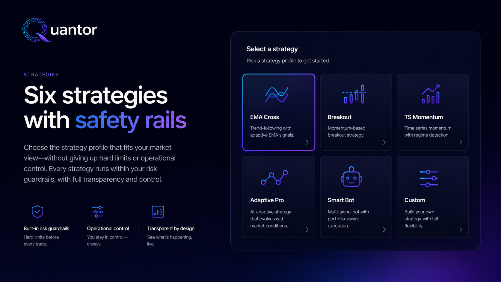 Quantor strategy library — EMA, TSMOM, Breakout, Adaptive Pro, Smart Bot, Custom